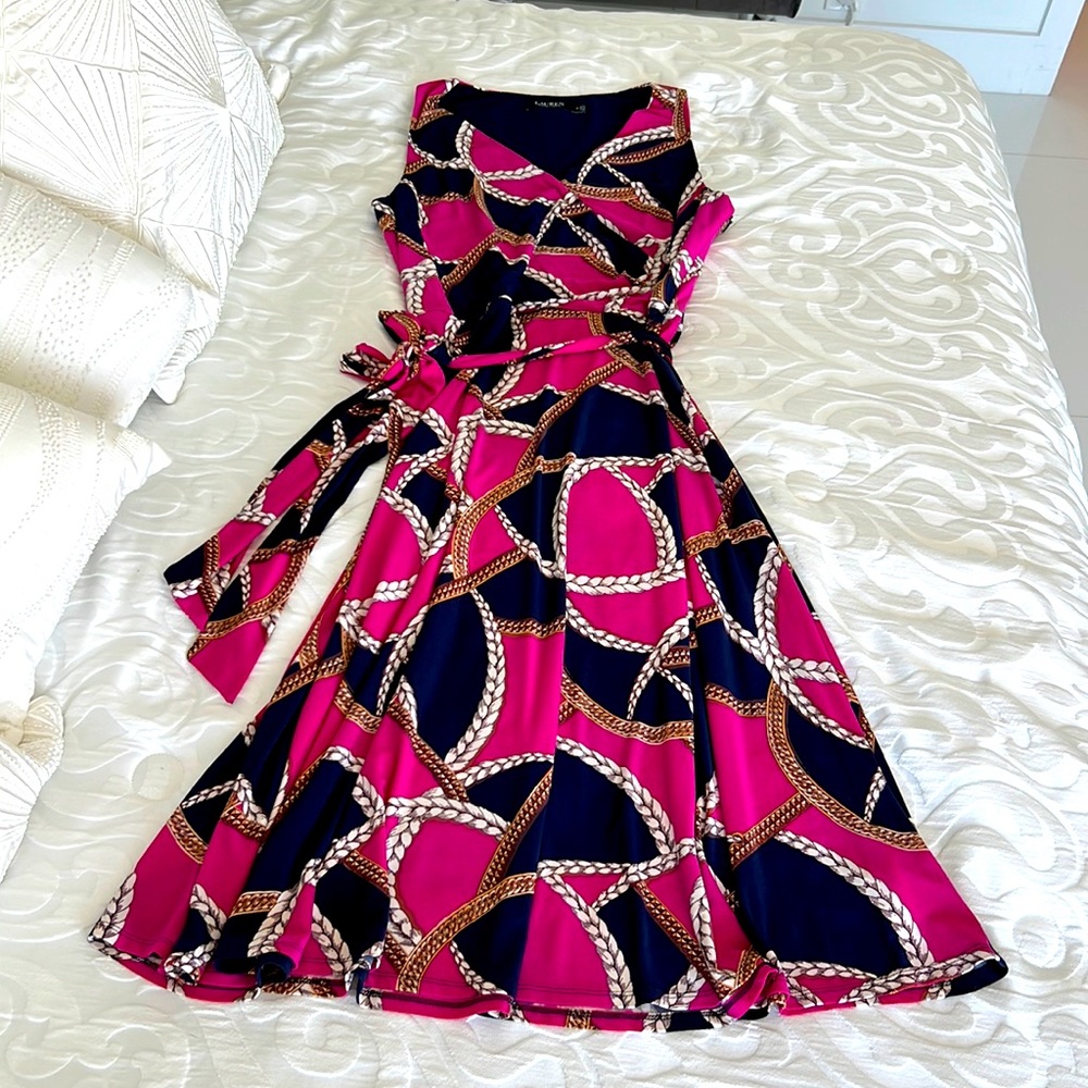 Ralph Lauren dress, navy and pink with gold rope chain pattern, size 14.